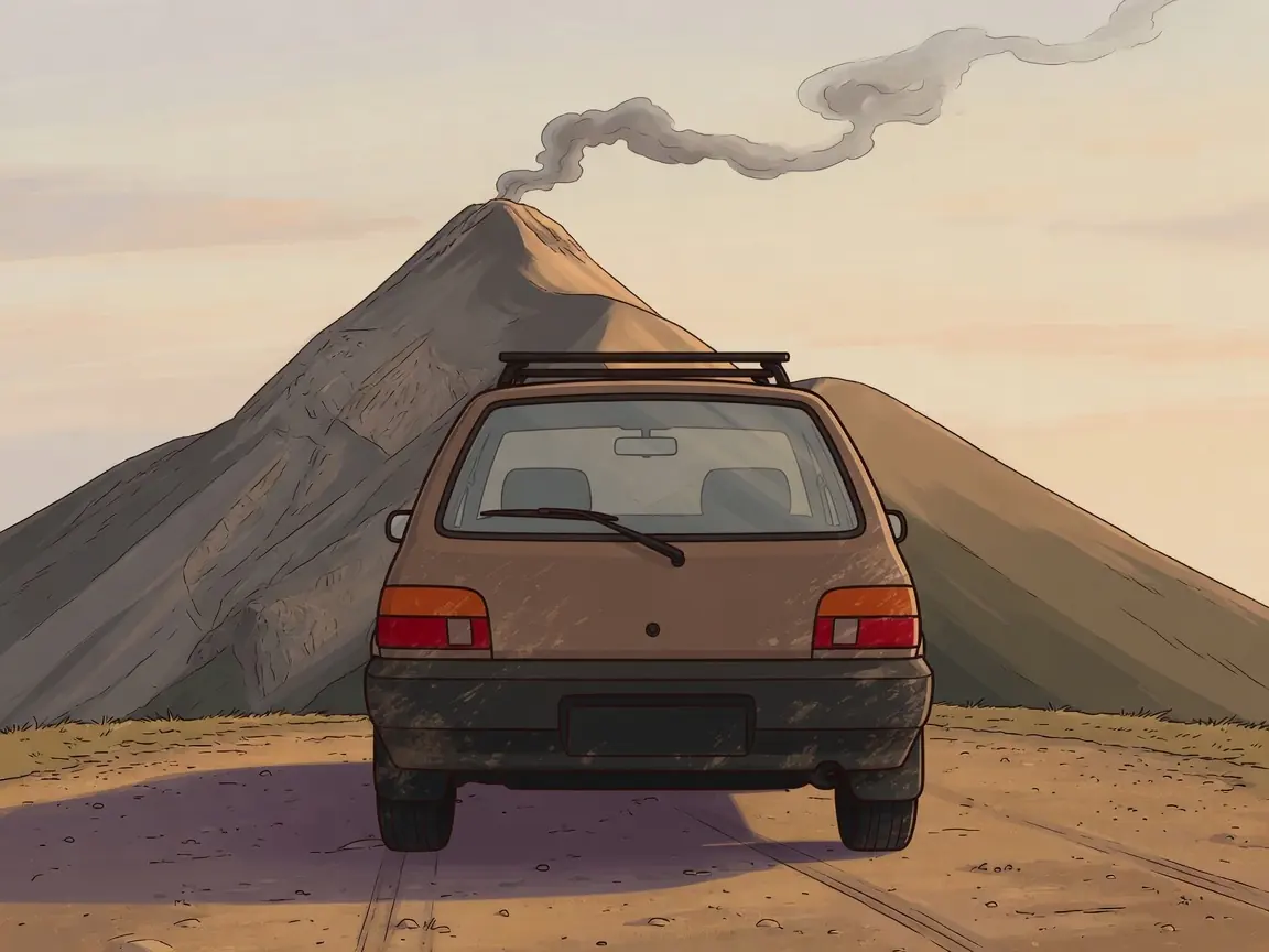 Dusty family hatchback parked on a highland pull-off below Volcán de Fuego, hatch closed